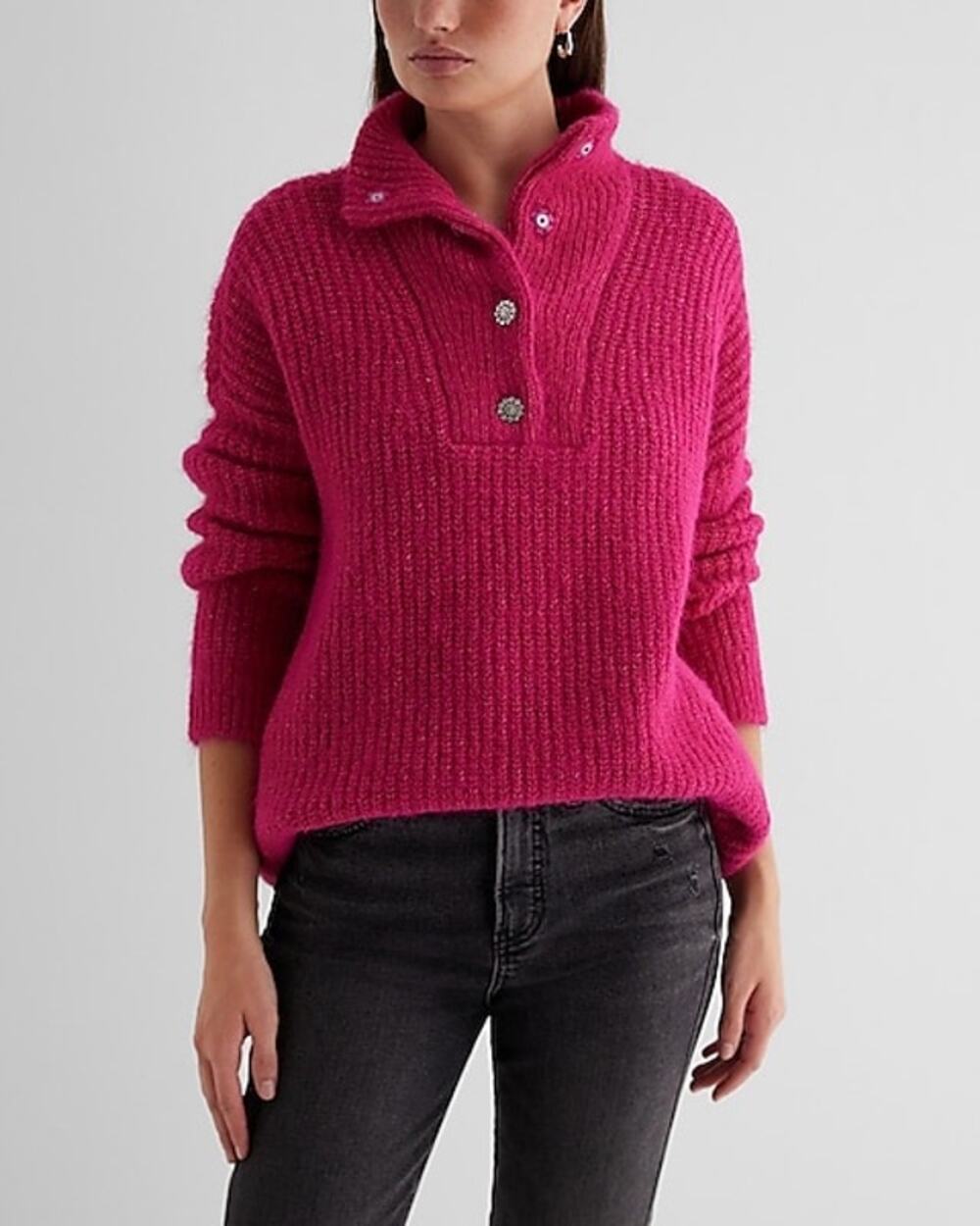 New Express Pink Fuzzy Knit Embellished Quarter Snap Sweater Size Large L